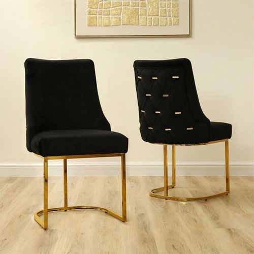 2 x Casas Black Velvet Fabric Dining Chair with Gold Legs