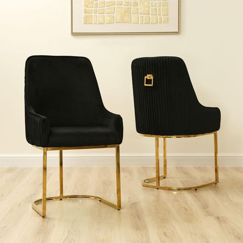 2 x Eris Black Velvet Fabric Knocker Back Dining Chair with Gold Legs