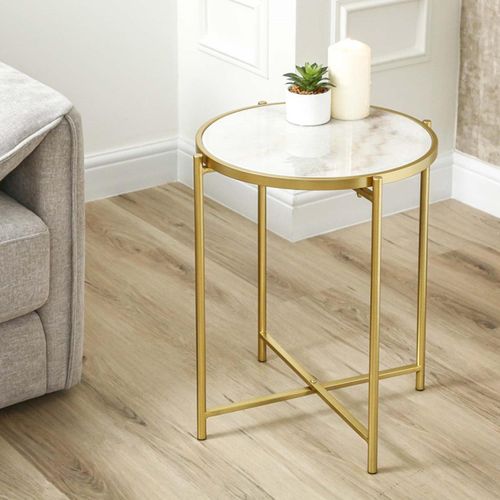 White Marble and Gold Metal Round End Table