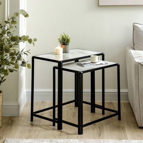 White Marble and Black Metal Nest of Tables