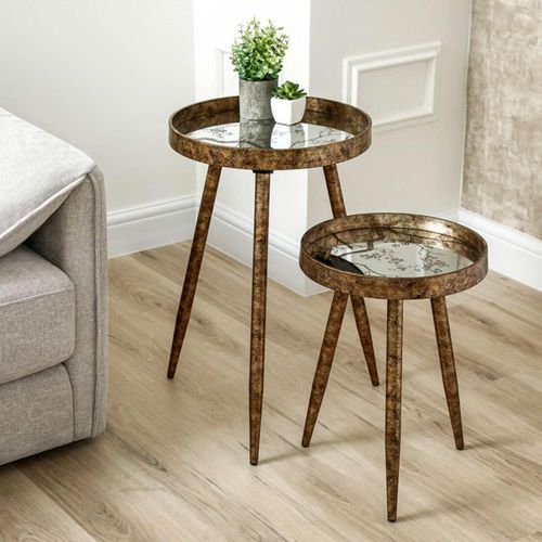 Antique Gold Metal Round Nest of 2 Tray Tables