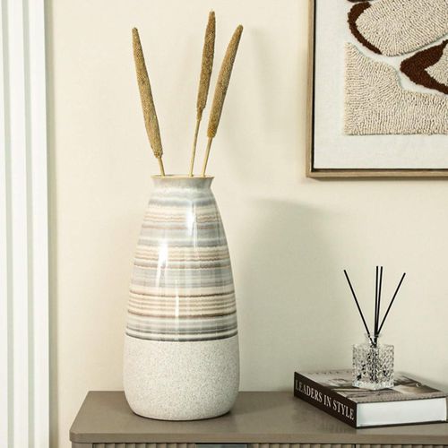 Beige and Blue Stripes Ceramic Vase