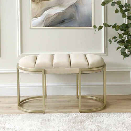 Cream Velvet Fabric and Champagne Metal Oval Small Hall Bench