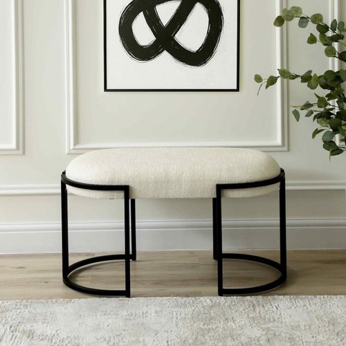 White Boucle and Black Metal Oval Hall Bench