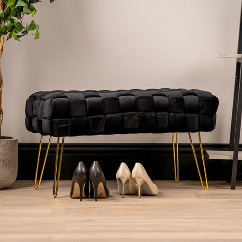 Black Velvet Fabric Hall Bench with Gold Hairpin Legs