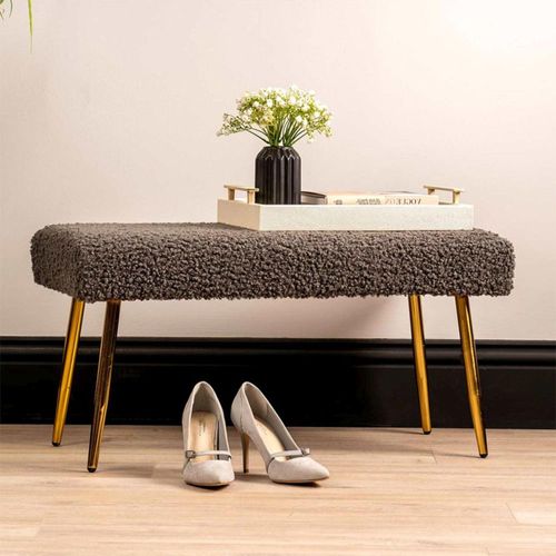 Charcoal Grey Boucle Fabric and Gold Metal Hall Bench