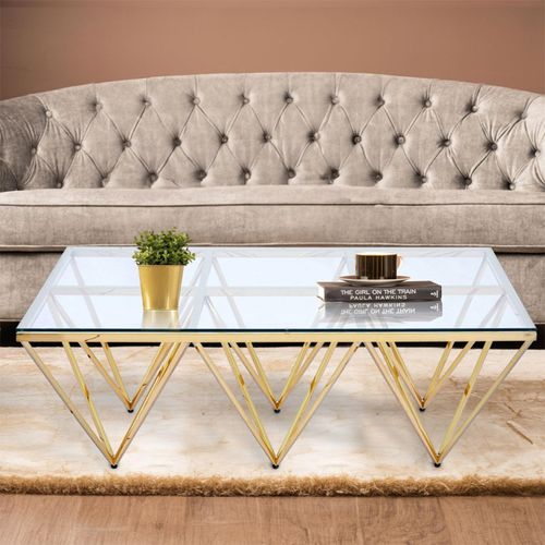 Clear Glass and Gold Metal Triangular Base Coffee Table