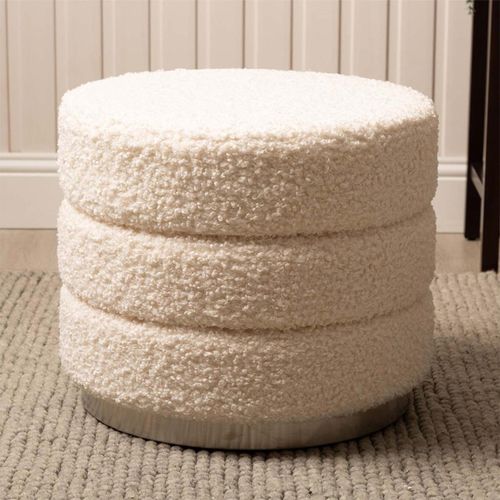 White Boucle Fabric Round Ottoman Footstool
