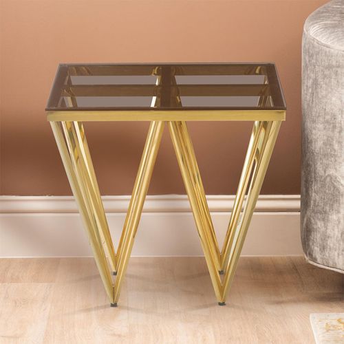 Smoked Glass and Gold Metal Square End Table