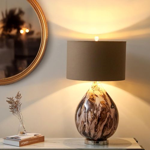 Brown Linen and Gold Abstract Glass Table Lamp