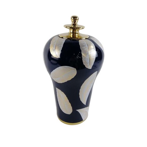 Blue and White Leaves Ceramic Large Ginger Jar