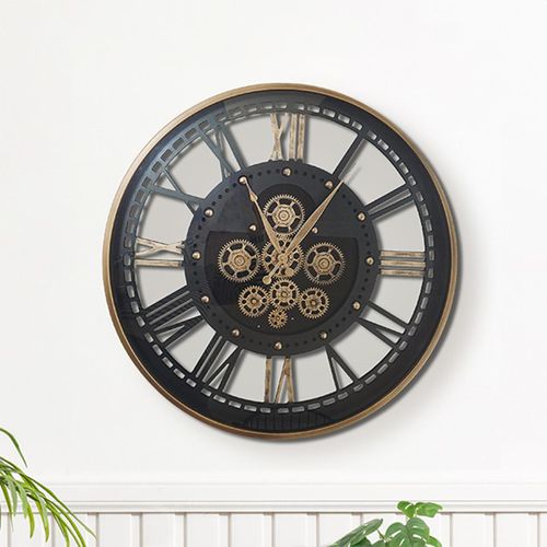 Industrial Gold and Black Metal Gears Round Wall Clock