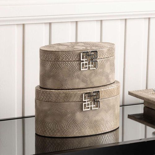Taupe Snake Faux Leather Oval Jewellery Box - Set of 2