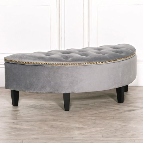 Grey Velvet Curved Ottoman Storage Bench