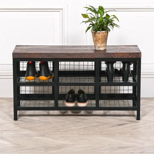 Wooden Top and Black Metal Shoe Rack Bench