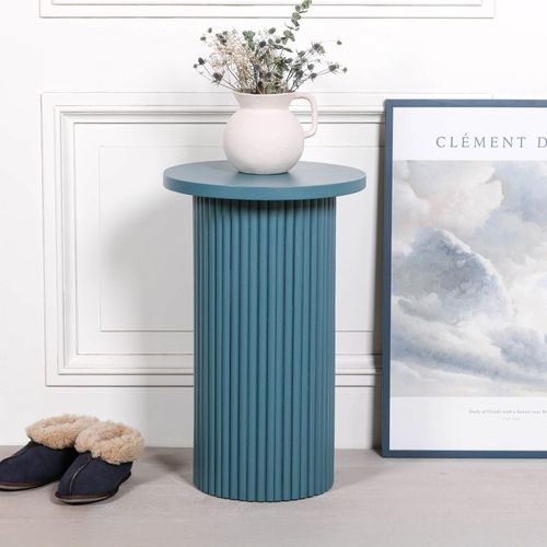 Ribbed Ocean Blue Mango Wood Round Occasional Side Table