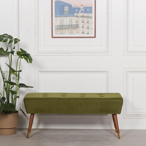 Olive Green Velvet Buttoned Ottoman Bench