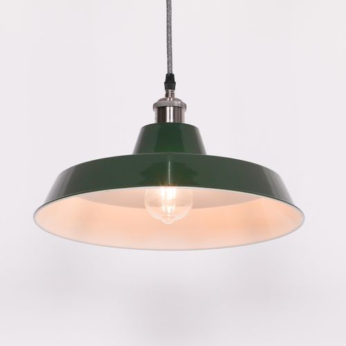 British Factory Style Green Painted Metal Pendant Light - 36cm