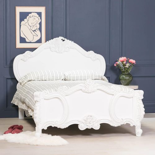 French White Mahogany Carved Rose Cherub Bed - Sizes Available