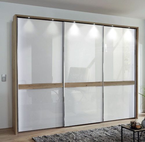 Wiemann Rialto 3 Door Sliding Wardrobe in White Glass and Oak Trim