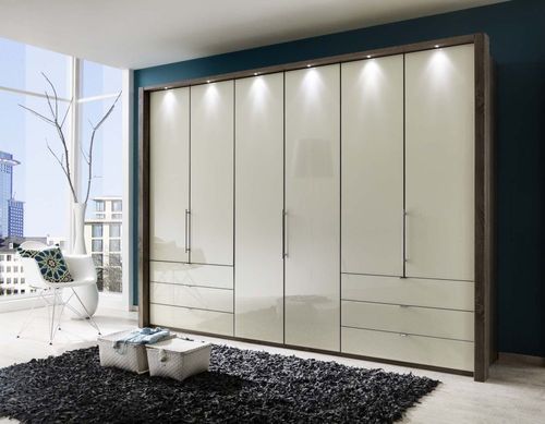 Wiemann Loft 6 Door Bi Fold Wardrobe in Magnolia Glass and Oak Carcase with 6 Drawers