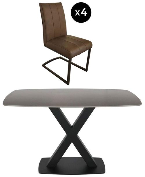 Vernal 4 Seater Grey Sintered Stone Dining Set - 4 Tira Vintage Brown Faux Leather Cantilever Chair