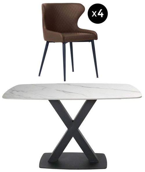 Vernal 4 Seater White Sintered Stone Dining Set - 4 Langley Brown Faux Leather Chair