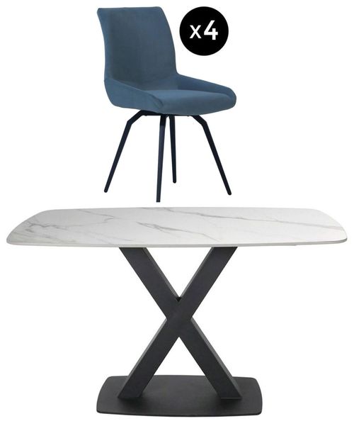 Vernal 4 Seater White Sintered Stone Dining Set - 4 Malcom Blue Fabric Swivel Chair