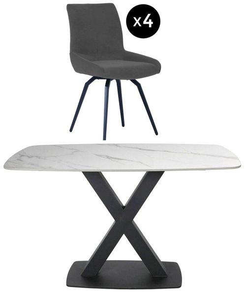 Vernal 4 Seater White Sintered Stone Dining Set - 4 Malcom Dark Grey Fabric Swivel Chair