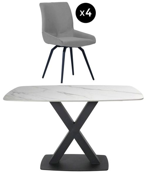 Vernal 4 Seater White Sintered Stone Dining Set - 4 Malcom Grey Fabric Swivel Chair