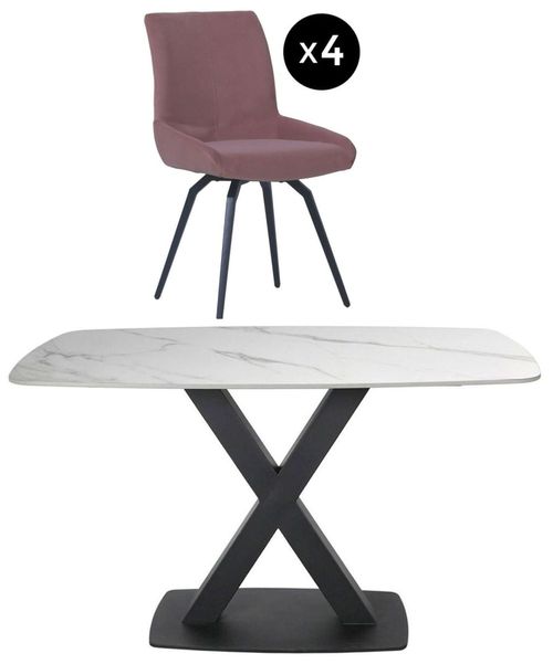 Vernal 4 Seater White Sintered Stone Dining Set - 4 Malcom Pink Fabric Swivel Chair