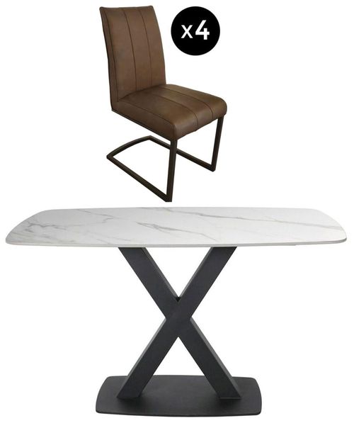 Vernal 4 Seater White Sintered Stone Dining Set - 4 Tira Vintage Brown Faux Leather Cantilever Chair