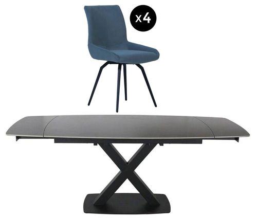 Vernal 4-8 Seater Grey Sintered Stone Extending Dining Set - 4 Malcom Blue Fabric Swivel Chair