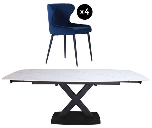 Vernal 4-8 Seater White Sintered Stone Extending Dining Set - 4 Langley Blue Fabric Chair