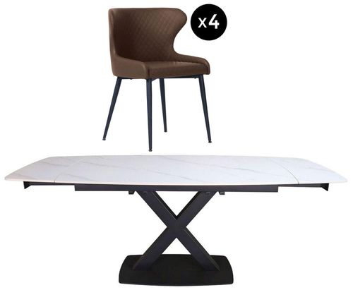 Vernal 4-8 Seater White Sintered Stone Extending Dining Set - 4 Langley Brown Faux Leather Chair