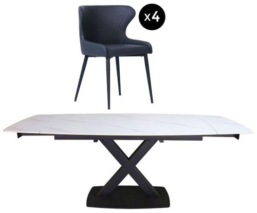 Vernal 4-8 Seater White Sintered Stone Extending Dining Set - 4 Langley Grey Faux Leather Chair