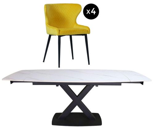 Vernal 4-8 Seater White Sintered Stone Extending Dining Set - 4 Langley Yellow Fabric Chair
