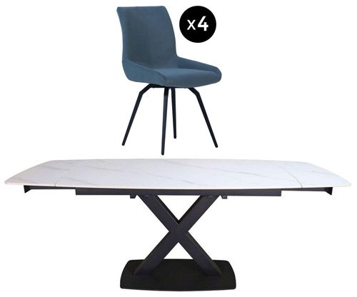 Vernal 4-8 Seater White Sintered Stone Extending Dining Set - 4 Malcom Blue Fabric Swivel Chair