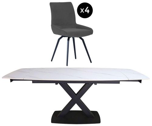 Vernal 4-8 Seater White Sintered Stone Extending Dining Set - 4 Malcom Dark Grey Fabric Swivel Chair