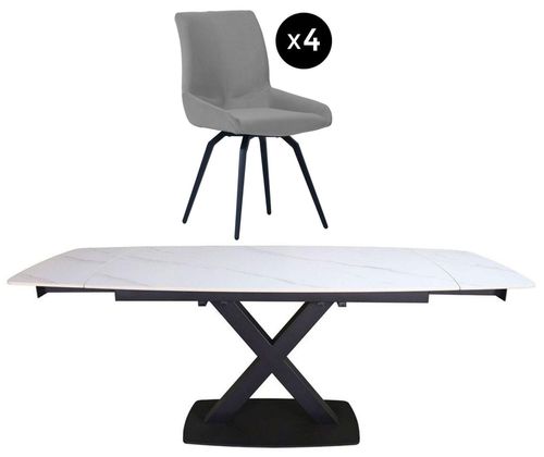 Vernal 4-8 Seater White Sintered Stone Extending Dining Set - 4 Malcom Grey Fabric Swivel Chair
