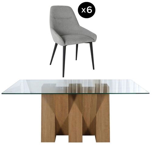 Newton 6 Seater Clear Glass and Natural Dining Set - 6 Claflin Grey Fabric Chair