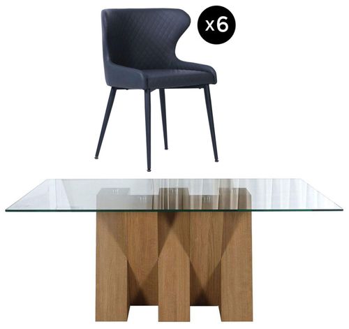 Newton 6 Seater Clear Glass and Natural Dining Set - 6 Langley Grey Faux Leather Chair