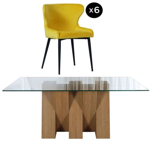 Newton 6 Seater Clear Glass and Natural Dining Set - 6 Langley Yellow Fabric Chair