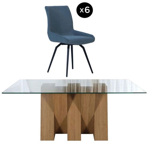 Newton 6 Seater Clear Glass and Natural Dining Set - 6 Malcom Blue Fabric Swivel Chair