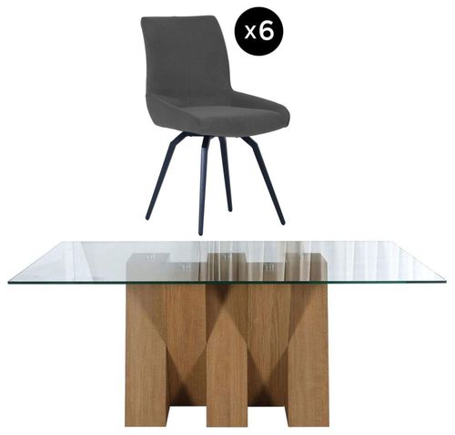 Newton 6 Seater Clear Glass and Natural Dining Set - 6 Malcom Dark Grey Fabric Swivel Chair