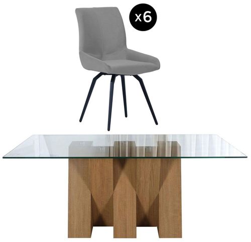 Newton 6 Seater Clear Glass and Natural Dining Set - 6 Malcom Grey Fabric Swivel Chair