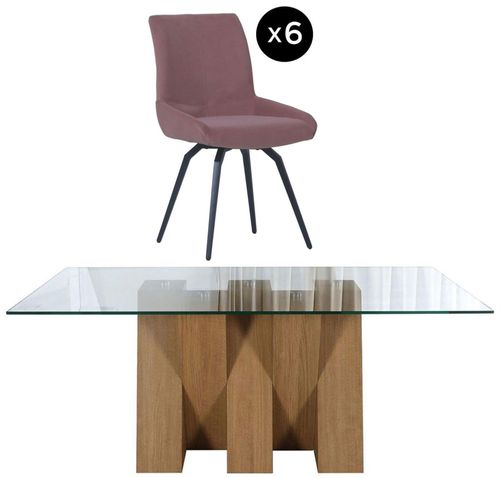 Newton 6 Seater Clear Glass and Natural Dining Set - 6 Malcom Pink Fabric Swivel Chair