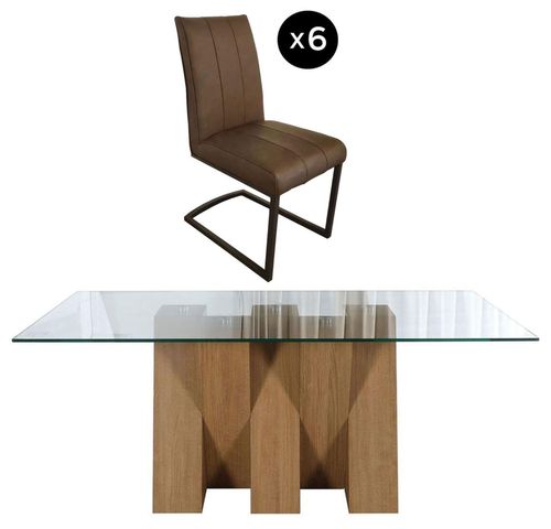 Newton 6 Seater Clear Glass and Natural Dining Set - 6 Tira Vintage Brown Faux Leather Cantilever Chair
