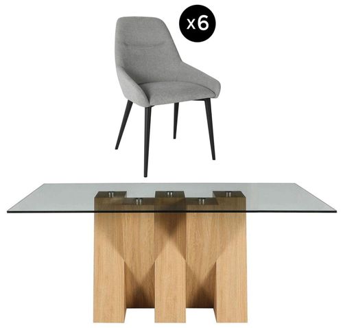 Newton 6 Seater Smoked Glass and Natural Dining Set - 6 Claflin Grey Fabric Chair