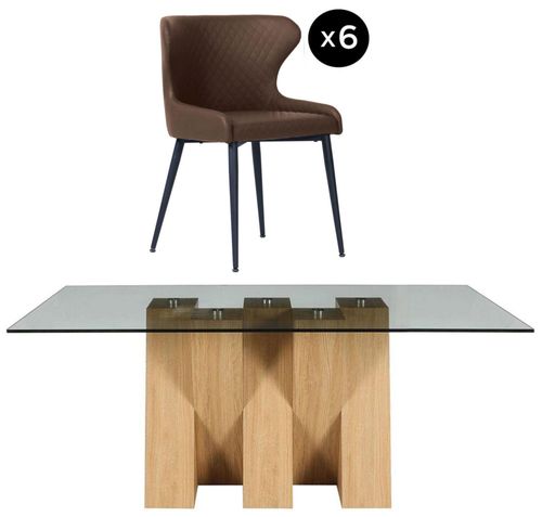Newton 6 Seater Smoked Glass and Natural Dining Set - 6 Langley Brown Faux Leather Chair